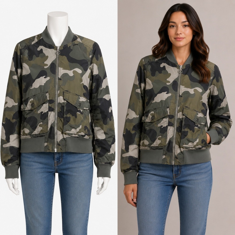 H&M Divided Bomber Jacket Women 6 Green Camo Full Zip Utility Ribbed Trim Casual